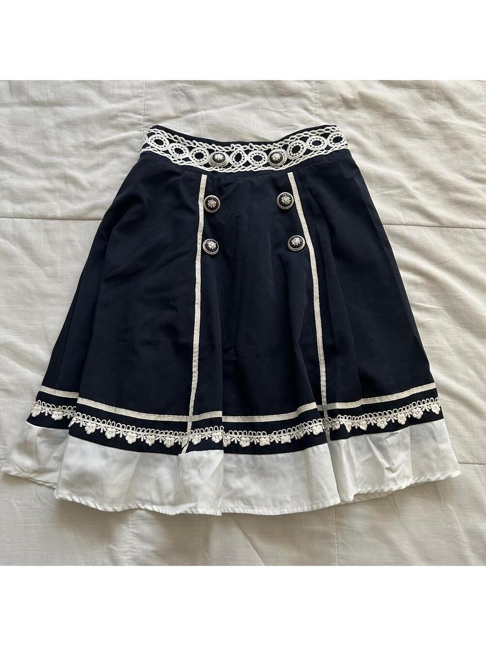 Axes Femme Navy Ivory Nautical Crochet Lace Button Skirt Medium Japan